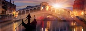 Venice canal with gondola and Rialto Bridge sunset Italy travel landmark