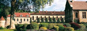 Abbaye de Fontenay monastery with Romanesque cloister, stone buildings, and landscaped gardens in Burgundy France