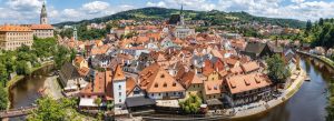 Colorful old town and river view of Český Krumlov with red rooftops and historic architecture