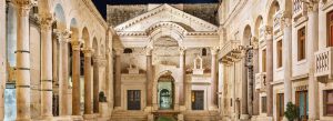 Ancient Roman architecture inside Diocletian’s Palace with columns and arches in Split