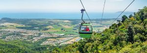 Kuranda Skyrail Rainforest Cableway over tropical rainforest near Cairns with views to the Coral Sea, Australia