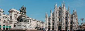 Duomo di Milano cathedral and Piazza del Duomo with statue in Milan Italy