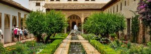 Courtyard garden with fountains and arches at Generalife in the Alhambra complex
