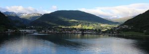Fjord landscape with waterfront village and mountains in Norway