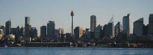 Sydney skyline with Sydney Tower Eye and modern skyscrapers viewed from the harbor, New South Wales, Australia