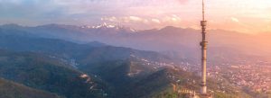 Almaty Television Tower on Kok Tobe hill overlooking Almaty city and the Tian Shan mountains in Kazakhstan