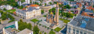 Aerial view of Banja Luka city center in Bosnia and Herzegovina featuring the Cathedral of Christ the Saviour and surrounding urban landscape.