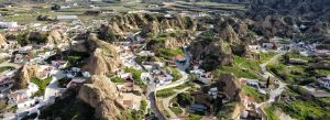 Aerial view of cave houses in Barrio de las Cuevas, Guadix, Andalusia, Spain.