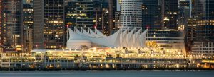 Night view of Canada Place waterfront and Vancouver skyline in Canada