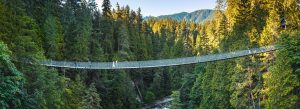 Visitors walking across the Capilano Suspension Bridge surrounded by lush evergreen forest and mountain scenery in British Columbia.