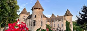 Historic Château de Savigny-lès-Beaune in Burgundy, France, featuring round stone towers, elegant architecture, and vibrant flowers in the foreground.