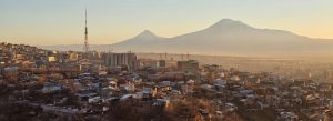 Panoramic view of Yerevan with snow-capped Mount Ararat at sunrise