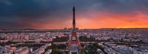 Aerial sunset view of the Eiffel Tower overlooking Paris, France