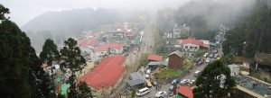 Foggy mountain town and railway tracks in Fenqihu, Taiwan surrounded by forest scenery