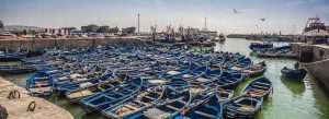 Blue wooden fishing boats gathered in the harbor of Essaouira on Morocco’s Atlantic coast.