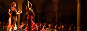 Flamenco dancers performing on stage in Seville, Spain with an audience watching traditional Spanish dance.