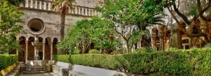 Historic courtyard garden inside the Franciscan Monastery in Dubrovnik, Croatia.