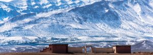 Panoramic view of the snow-covered High Atlas Mountains in Morocco