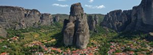 Aerial view of Kastraki village surrounded by the towering rock formations of Meteora in Greece.
