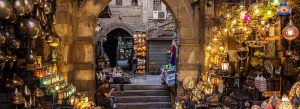 Traditional lantern shops and historic alleyways at Khan el-Khalili market in Cairo, Egypt.