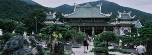 Linh Ung Pagoda in Da Nang, Vietnam surrounded by bonsai gardens and lush green mountains
