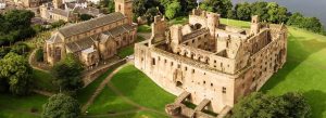 Aerial view of Linlithgow Palace and surrounding grounds near Edinburgh, Scotland