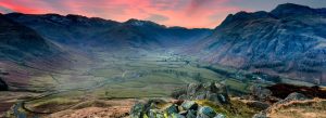 Scenic view of Little Langdale valley in the Lake District National Park, Cumbria, England at sunset.