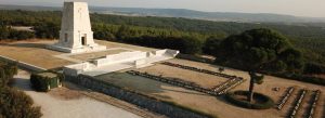 Aerial view of Lone Pine Memorial and Cemetery surrounded by greenery and memorial grounds