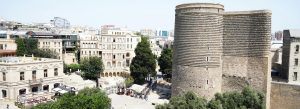 Ancient Maiden Tower landmark located in the historic Old City of Baku, Azerbaijan