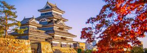 Matsumoto Castle in Japan surrounded by autumn maple leaves under a clear blue sky.
