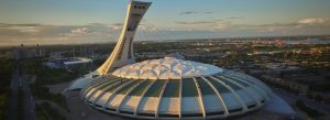 Aerial view of Montreal Olympic Stadium and tower at sunset in Montreal, Quebec, Canada.