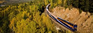 Rocky Mountaineer train travelling through dense autumn forest near Mount Robson in the Canadian Rockies, Canada