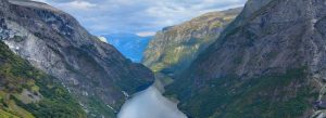 Panoramic view of Nærøyfjord in Norway with steep mountains, deep blue fjord waters, and dramatic natural scenery.