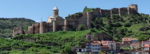 Narikala Fortress overlooking the hills and old town area of Tbilisi, Georgia.