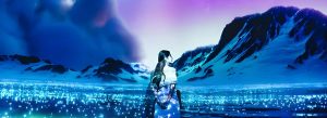 Immersive digital art display at Pado Media Art Space in Pattaya, Thailand with glowing lights and mountain-inspired visuals.