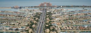 Aerial view of Palm Jumeirah with Atlantis The Palm resort in Dubai UAE