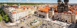 Panoramic aerial view of Old Town Square and historic buildings in Prague, Czech Republic