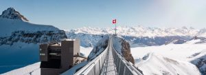 Peak Walk by Tissot suspension bridge at Glacier 3000 surrounded by snowy Swiss Alps
