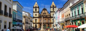 Colorful colonial buildings and historic church at Pelourinho in Salvador Bahia Brazil