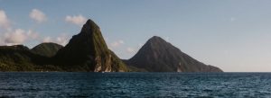 The Pitons volcanic mountains rising above the Caribbean Sea in Saint Lucia