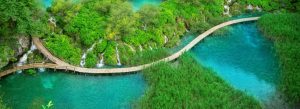 Wooden boardwalk winding through the turquoise lakes and waterfalls of Plitvice Lakes National Park in Croatia surrounded by lush green forest.