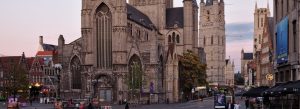 Saint Nicholas Church in Ghent city center with historic Gothic architecture and surrounding Belgian streetscape