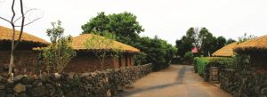 Traditional thatched-roof houses along a stone-lined pathway in Seongeup Folk Village showcasing preserved Korean heritage