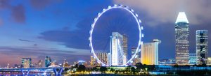 Singapore Flyer observation wheel illuminated at night with the Singapore skyline and Marina Bay waterfront in the background.