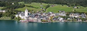 Scenic aerial view of St. Wolfgang village on Lake Wolfgang in the Salzkammergut region of Upper Austria.