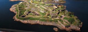 Aerial view of Suomenlinna sea fortress islands surrounded by the Baltic Sea in Helsinki, Finland.
