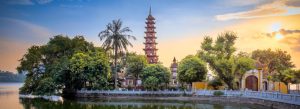 Tran Quoc Pagoda beside West Lake at sunset in Hanoi, Vietnam