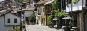Traditional houses and cobblestone street in Varosha Quarter, Veliko Tarnovo, Bulgaria