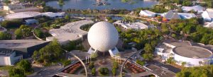 Aerial view of Spaceship Earth at EPCOT inside Walt Disney World Resort in Orlando, Florida.