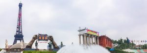Replica Eiffel Tower and international landmark displays at Window of the World theme park in Shenzhen, China.